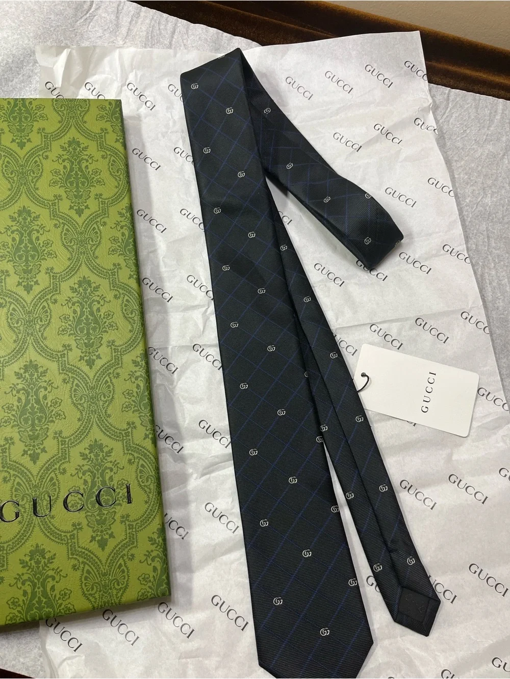 Gucci Black Silk Tie with Navy Windowpane and GG Motif